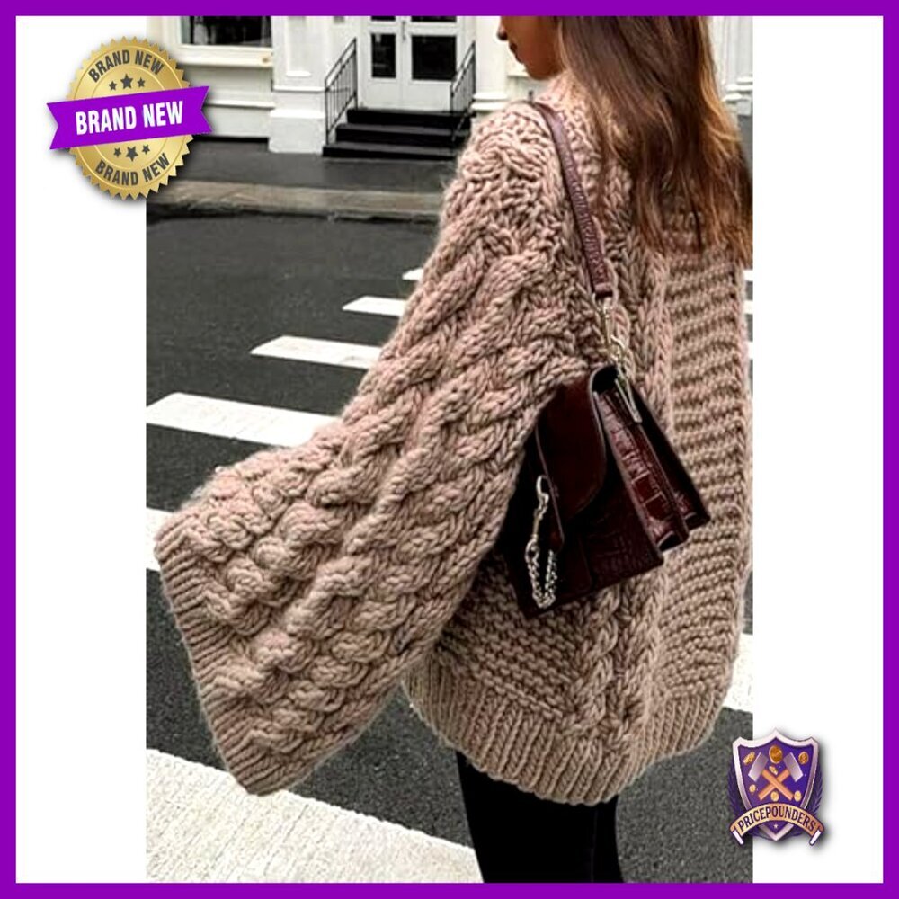 Oversized Chunky Cable Knit Sweater Loose Crewneck Pullover Y2K - Picture 2 of 7